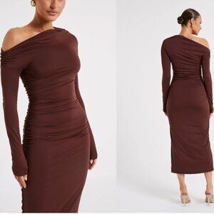 CHRISTABEL Recycled Nylon Ruched Midi Dress - Chocolate